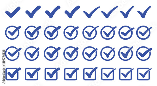 Checklist vector icon set, checkmarks, cross symbols, and clipboard designs vector style. Perfect for task management, to do lists, forms, and productivity related projects 