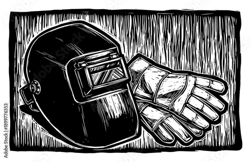 Welding helmet and protective leather gloves in a vintage woodcut engraving style