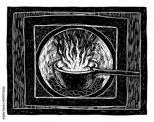 Molten metal pouring from a ladle inside a foundry furnace in woodcut style
