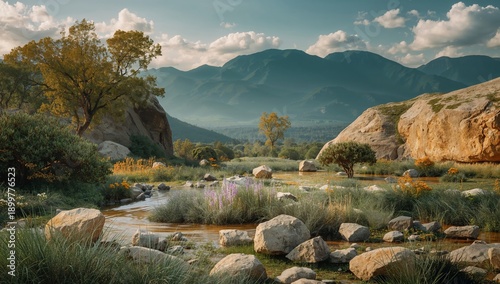 Nature Scene With Rocks and Plants Near a River in the Mountains During the Day