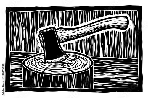 Vintage linocut illustration of a sharp metal axe stuck in a wooden tree stump