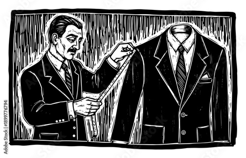 Professional male tailor measuring formal suit jacket in vintage woodcut style