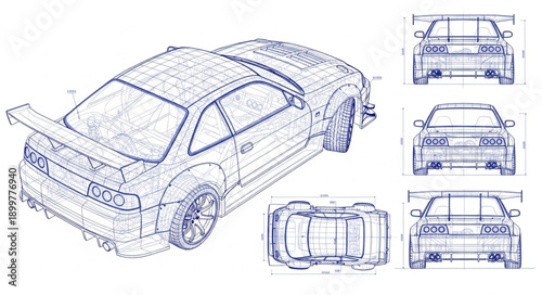 Car Blueprint Design Technical Drawing.