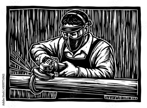 Industrial metalworker using an angle grinder on pipe in linocut style