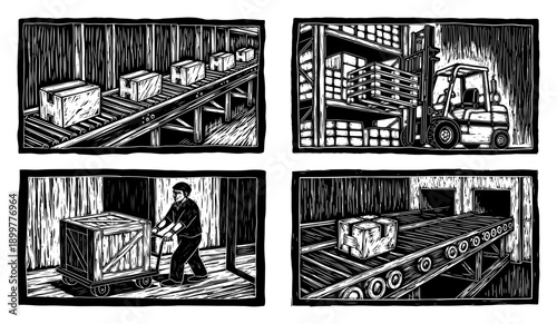 Warehouse logistics and shipping comic panels in hand drawn woodcut style