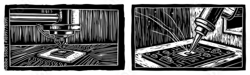 High tech electronic circuit board manufacturing process in dramatic black and white woodcut style