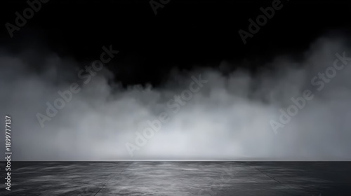 Dramatic room scene with concrete floor, smoke, and dark walls, for photography background, film visual design