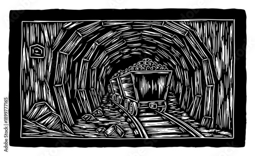 Deep underground coal mine tunnel with rail tracks and ore carts in vintage woodcut illustration style