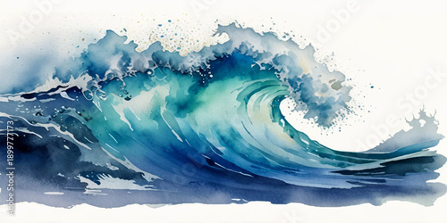 Watercolor Painting of Powerful Blue Ocean Wave Crashing with White Foam and Spray