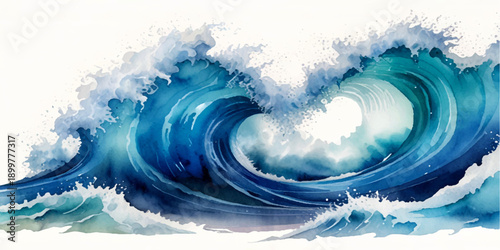 Artistic Blue Ocean Wave Watercolor Illustration with Crashing Sea Foam, Abstract Fluid Marble Textures, Heart Shaped Wave Detail, and Vibrant Deep Blue Summer Background
