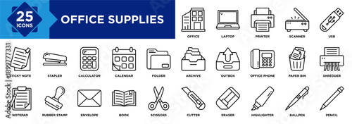 Office Supplies icon collection set. Containing Laptop, Printer, Scanner, USB, Outbox, Shredder, Paper Bin, Office, Archive, Folder icon
