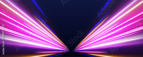 Neon motion trails sweep through the urban night. Curved glowing lines suggest fast traffic and energy flow. This illustration highlights modern digital movement.
