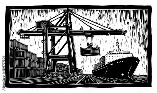 Hand drawn woodcut style illustration of a large gantry crane loading a cargo ship at a port