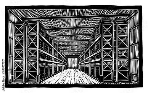 Detailed linocut engraving of a massive industrial warehouse interior with tall storage racks