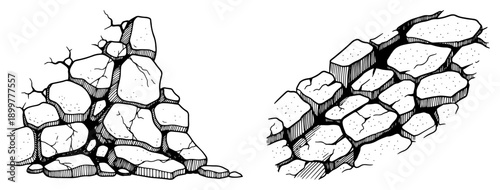 Hand drawn stone wall and cobblestone path illustrations in black ink line art style