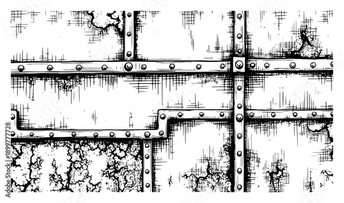 Industrial steampunk metal plate texture with rivets and weathered rusty surface sketch