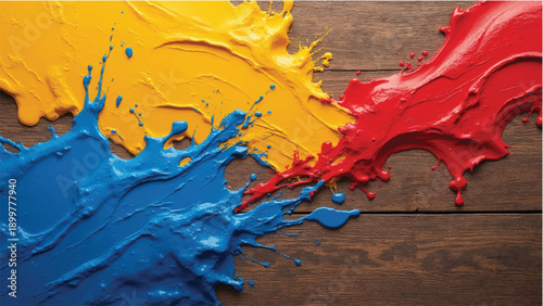 Paint splash on wooden background. Paint splatter on wooden board. Abstract colorful splash illustration. 