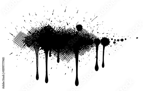Abstract black ink splatter with drips and cross hatching texture in comic book style