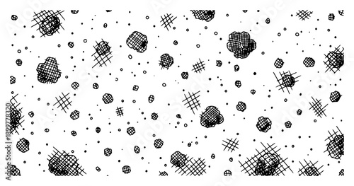 Hand drawn pattern with small cross hatched spots and dots on white background