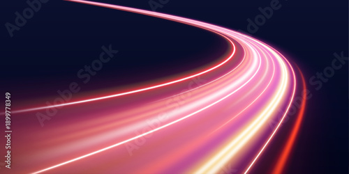 Neon light trails stream rapidly through a futuristic city night. Curved glowing lines enhance depth and motion. The scene feels energetic and digital.
