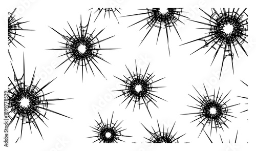 Hand drawn bullet holes and shattered glass impact patterns in black ink style