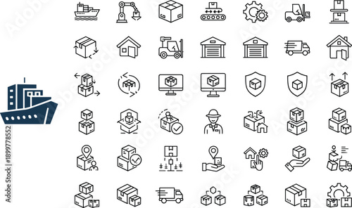Set of logistics and shipping line icons including cargo ship, forklift, warehouse, delivery truck and packaging symbols, vector illustration.