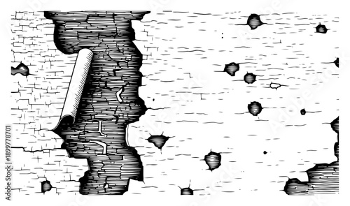 Vintage engraving of peeling wallpaper with bullet holes on a damaged brick wall surface
