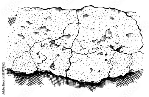 Detailed hand drawn ink illustration of a cracked stone wall surface with textured shading