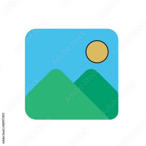Stylized Landscape Icon with Mountains, Sun, and Sky, Nature, Outdoors, Scenic View, Simple Graphic Design