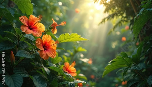 Bright orange hibiscus flowers grow in rich green jungle. Sunlight streams through tropical leaves creating soft haze. Nature blooms in vivid color.