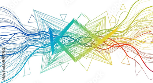 Dynamic abstract background with colorful flowing lines and interconnected geometric shapes, illustrating data connection, technology, and digital communication.