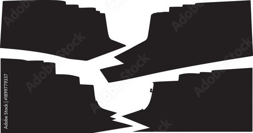 Black and white illustration of a deep canyon landscape