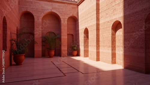 Light Fills a Quiet Courtyard With Arches and Plants in an Old Building From ...