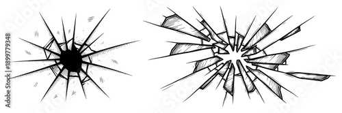 Hand drawn shattered glass impact and radial crack texture with hatched shading