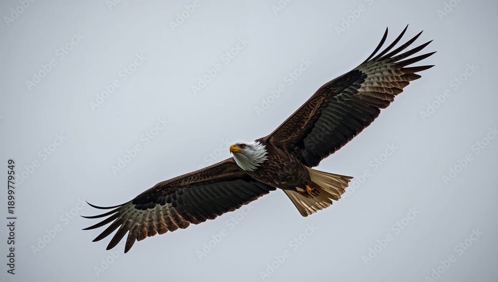 Obraz premium Eagle in Flight Over a Natural Landscape During a Cloudy Day