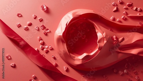 Colorful Red Objects Arranged on a Surface With Shiny Details and Smooth Text...