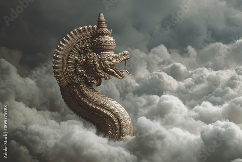 A majestic, ornate serpent-like figure rises from soft clouds, embodying a blend of mythical symbolism and intricate artistry.