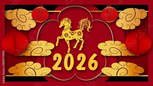 Festive Chinese New Year 2026 animation in red and gold with zodiac horse, lanterns and paper cut clouds, elegant cultural holiday background, seamless loop
