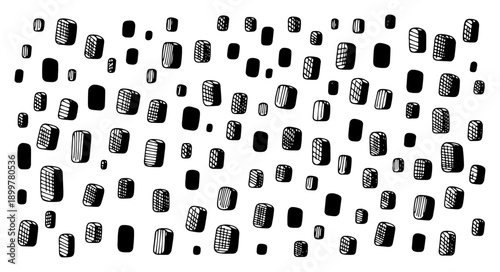 Abstract hand drawn pattern of rounded blocks with cross hatching and ink texture
