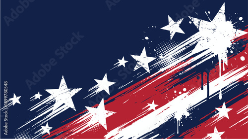 Abstract Patriotic US Flag Background with Stars and Grunge Paint Splatter