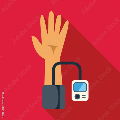 Arm with a blood pressure cuff and digital monitor on a red background