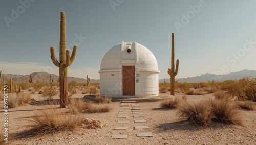Desert Observatories Stand Under Clear Sky During Late Afternoon Light in the...