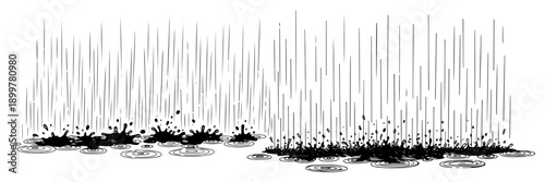 Hand drawn rain falling into puddles with ripples and ink splashes in manga style