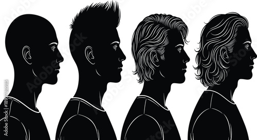 Male hair growth evolution vector illustration featuring four profile silhouettes showing bald head, short spiked hair, medium wavy, and long hairstyles.