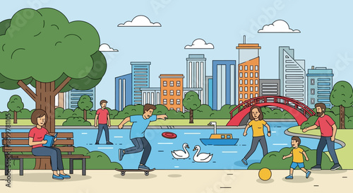People enjoying diverse leisure activities in a lively urban park with city skyline and river. Vector illustration.