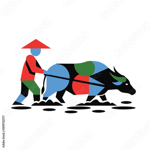Farmer with water buffalo plowing a field, traditional farming, rural life, Asian agriculture, vector illustration