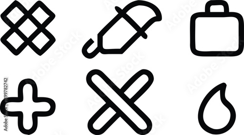 Minimalist black linear icon set for user interface design featuring tools signs symbols and shapes vector