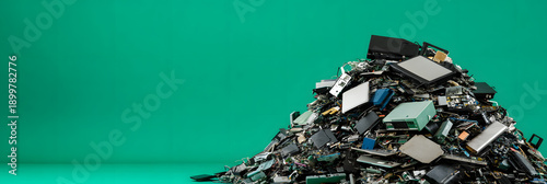 Pile of discarded electronic waste ready for recycling - highlighting the importance of proper e-waste management and recycling wide banner - green background
