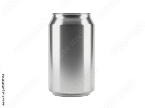 A shiny, empty aluminum can standing upright against a white background isolated on transparent background