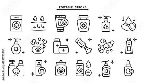 Baby Cosmetics Icon Set: Outline Bottles and Products for Infant Skincare Routine, Daily Hygiene and Child Care Packaging

